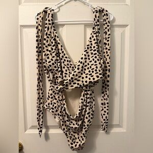 Aerie Black and Cream Polka Dot Wrap One-Piece Swimsuit